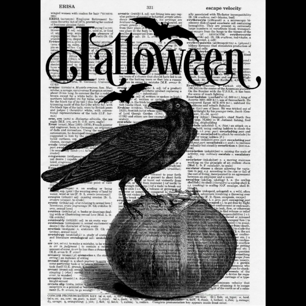 Halloween Raven Black White Dictionary Art Print